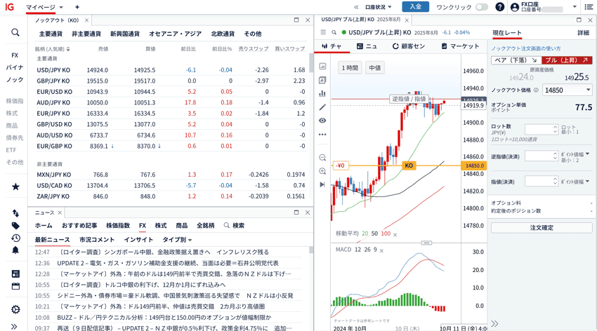 IG証券のWebブラウザ版ノックアウトオプションの取引画面