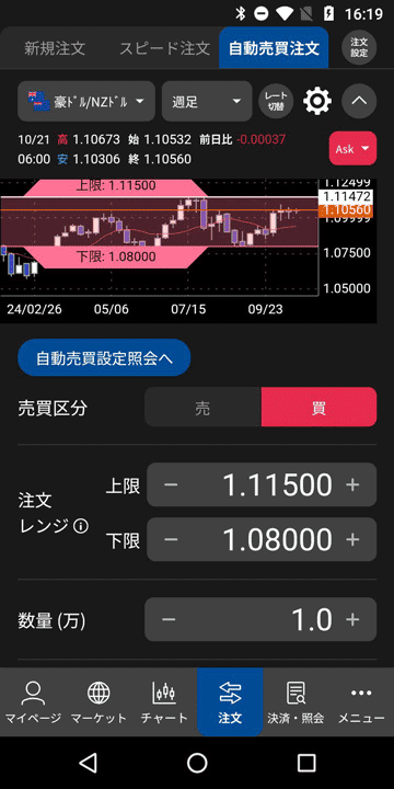 リピート系注文はレンジ範囲を確認しながら発注できる