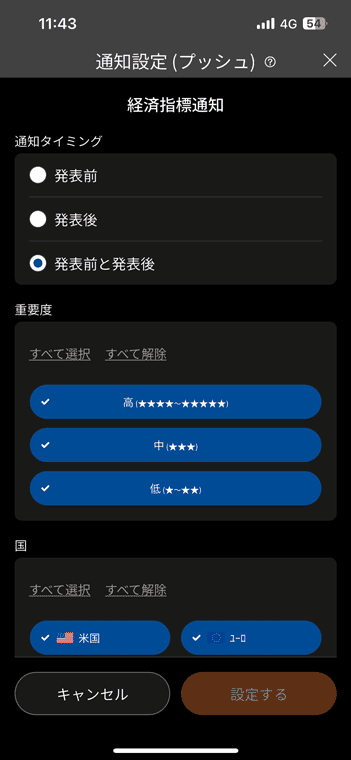 経済指標通知の設定で通知タイミング、重要度、国を選択できる