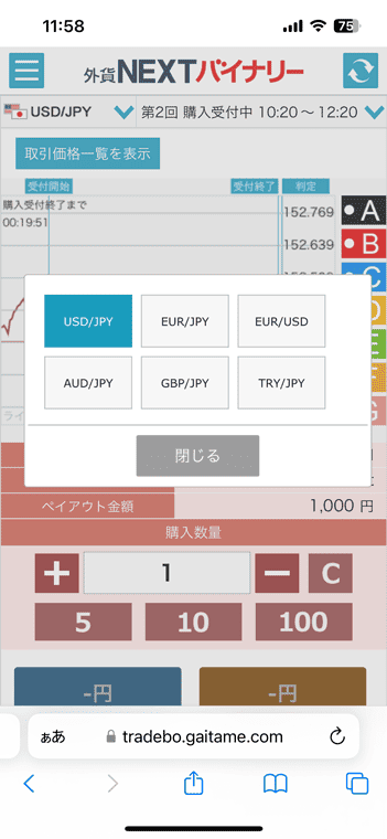 外貨ネクストバイナリーでは6通貨ペアを取り扱う