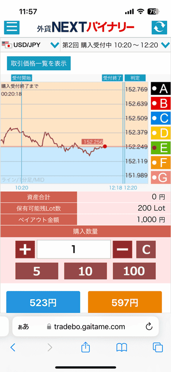 外貨ネクストバイナリーのiPhone版取引画面