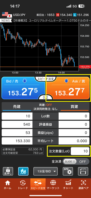 デモトレードでスピード注文を使った決済注文の例