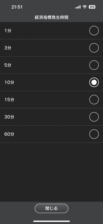 経済指標発表前の通知は1分、3分、5分、10分、15分、30分、60分から選べる