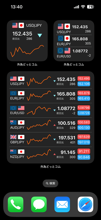 「ホーム画面」に外為どっとコム GFXのウィジェットを追加した例①