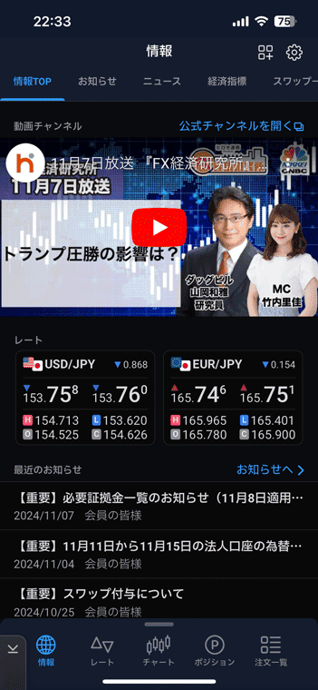 情報TOPでは動画、レート、ニュースなどの情報を一度にチェックできる