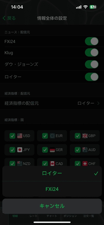経済指標のプッシュ通知はニュースをロイターかFXi24から選べる