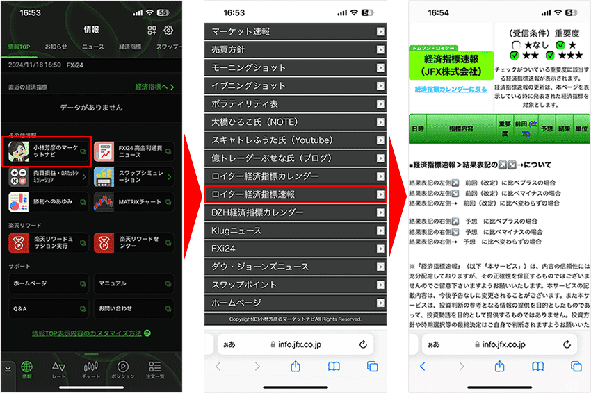 JFXのiPhone/Androidでロイター経済指標速報を開く方法