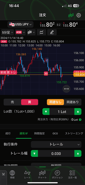 JFXのスマートフォンアプリで新規トレール注文を発注する例