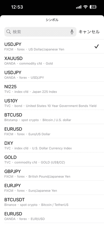 為替、株価指数、暗号資産、米国債、商品、株式など多数のシンボルから選べる