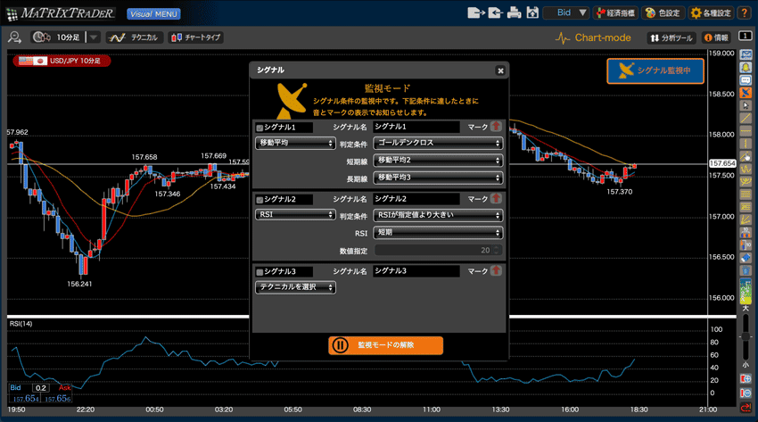 監視モードを開始すると「シグナル監視中」と表示され、売買シグナルを自動で検出してくれる