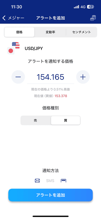 価格が指定した価格に達したら通知できる、価格アラート