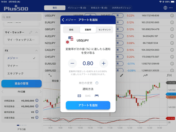 設定した変動率に達したら通知できる変動率アラート