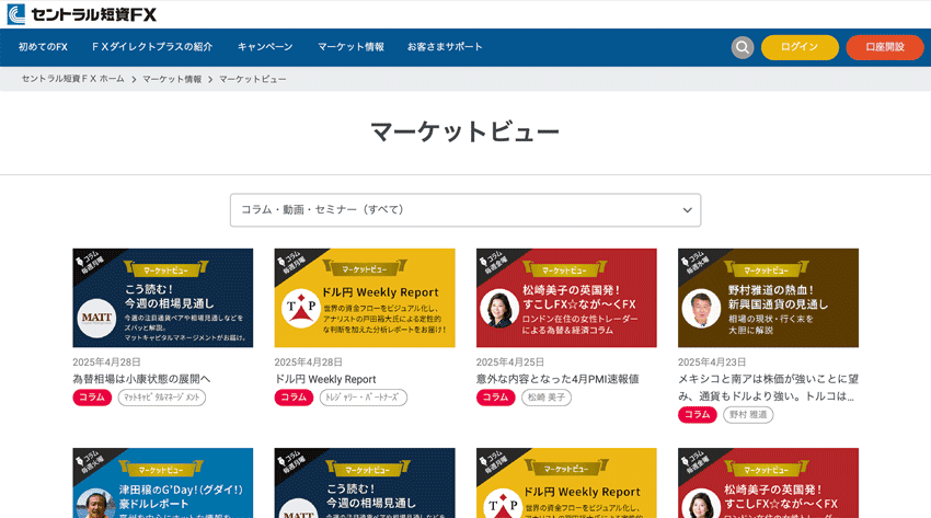 セントラル短資FXのマーケットビューではコラム、動画、セミナーを配信