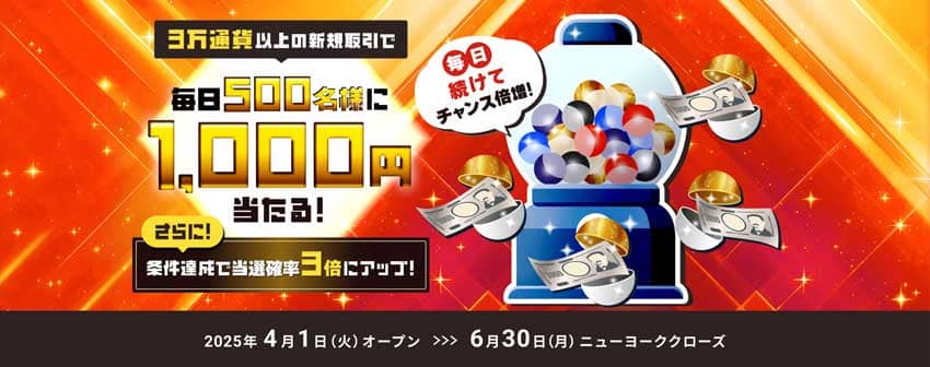 3万通貨以上の新規取引で、毎日500名様に1,000円当たる!