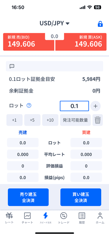 FXTF GXのスピード注文画面