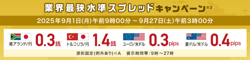 外為どっとコム 業界最狭水準キャンペーン 2025年9月1日(月)午前9時00分〜2025年9月27日(土)午前3時00分