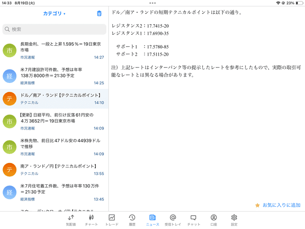 iPadアプリ版MT5のマーケットニュース