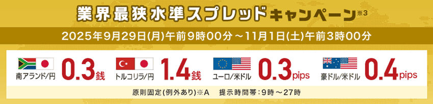 外為どっとコム 業界最狭水準キャンペーン 2025年9月29日(月)午前9時00分〜2025年11月1日(土)午前3時00分