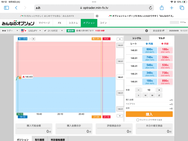 iPad版みんなのオプションのラダーオプション取引画面