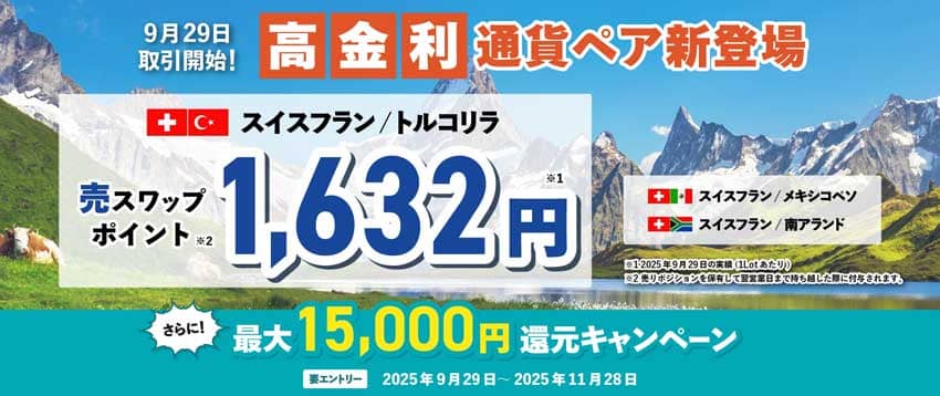 高金利通貨ペア新登場 スイスフラン/トルコリラ 売りスワップポイント1,632円