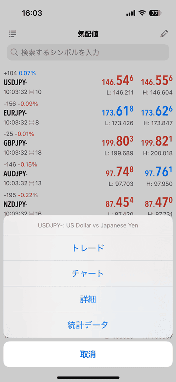 気配値で通貨ペア名をタップすると取引画面やチャートに遷移できる