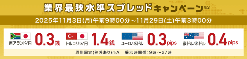 外為どっとコム 業界最狭水準キャンペーン 2025年11月3日(月)午前9時00分〜2025年11月29日(土)午前3時00分