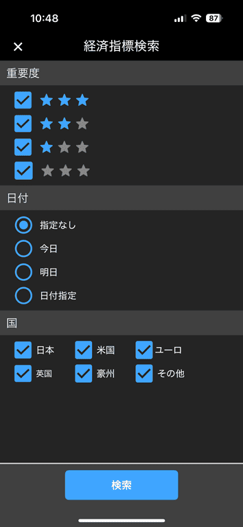 経済指標は重要度、日付、国で検索できる