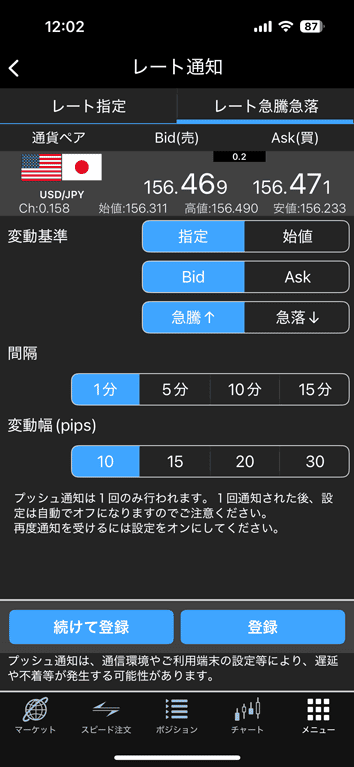 レート急騰急落通知では、指定した間隔で指定した変動幅を上回ったらプッシュ通知でお知らせ