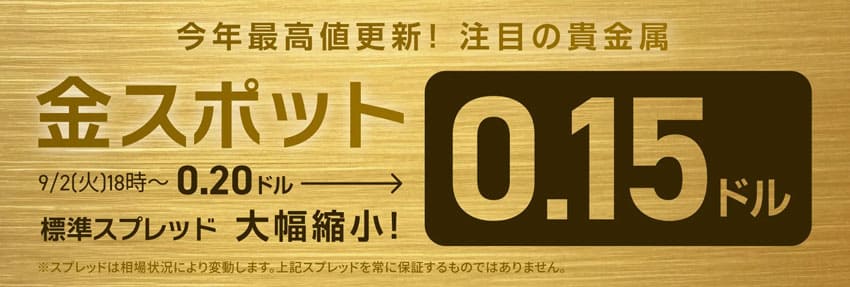 今年最高値更新!注目の貴金属金スポット標準スプレッド0.15ドル