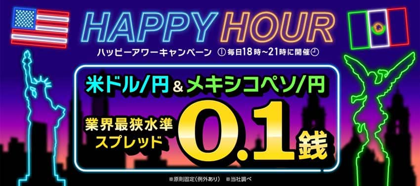 インヴァスト証券 ハッピーアワーキャンペーン 米ドル/円&メキシコペソ/円 業界最狭水準スプレッド0.1銭