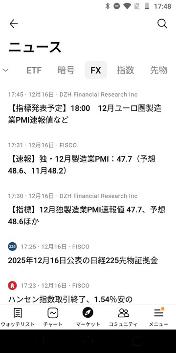 Androidアプリ版TradingViewのマーケットニュース