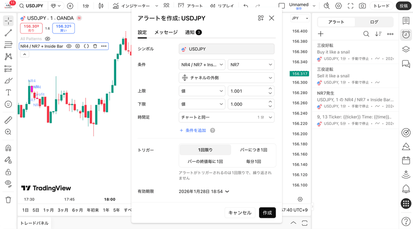 TradingView Webブラウザ版のアラート作成画面