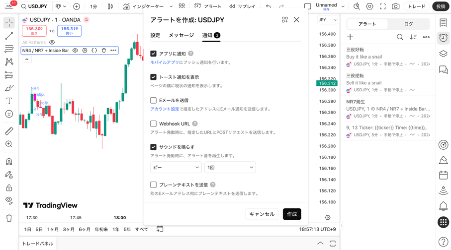 TradingViewのアラート通知方法はアプリ通知やトースト通知など種類が豊富
