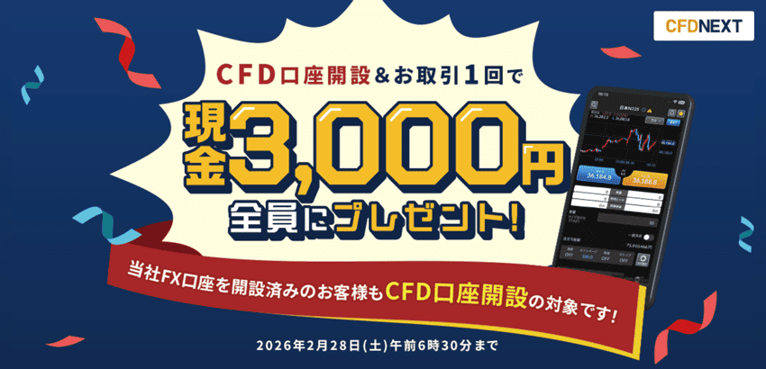 CFD口座開設&お取引1回で現金3,000円全員にプレゼント!