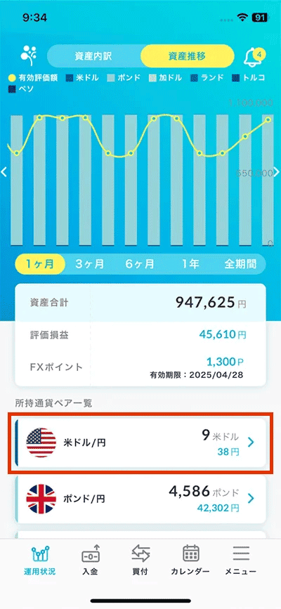「運用状況」の所持通貨ペア一覧から、売却したい通貨をタップ