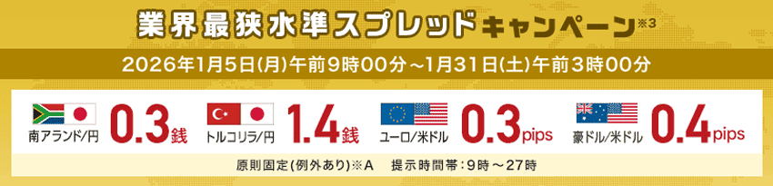 外為どっとコム 業界最狭水準キャンペーン 2026年1月5日(月)午前9時00分〜2026年1月31日(土)午前3時00分