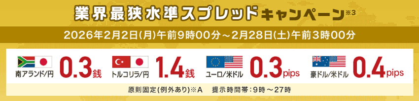 外為どっとコム 業界最狭水準キャンペーン 2026年2月2日(月)午前9時00分〜2026年2月28日(土)午前3時00分