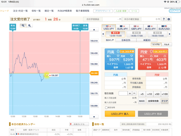 外為オプションのiPad版取引画面