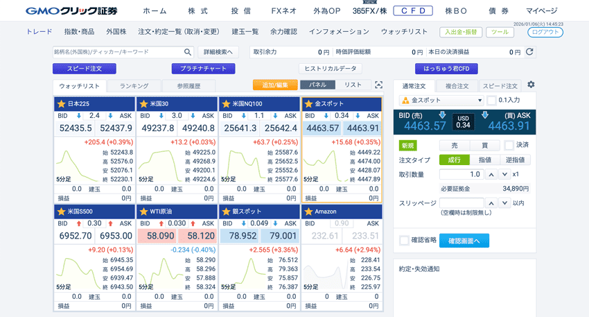 操作性に優れた、GMOクリック証券 ブラウザ版のCFD取引画面。
