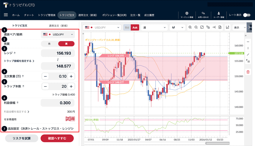 マネースクエア トラリピの発注画面