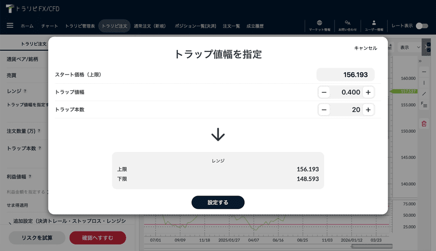 「レンジ」の「トラップ値幅を指定する」から設定も可能