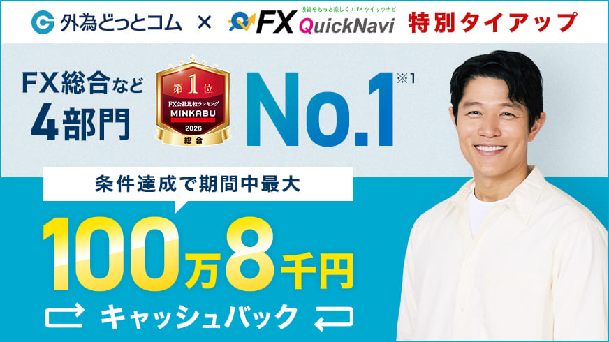 外為どっとコム×FXクイックナビ特別タイアップ|FX総合など4部門No.1|条件達成で期間中最大100万8千円キャッシュバック