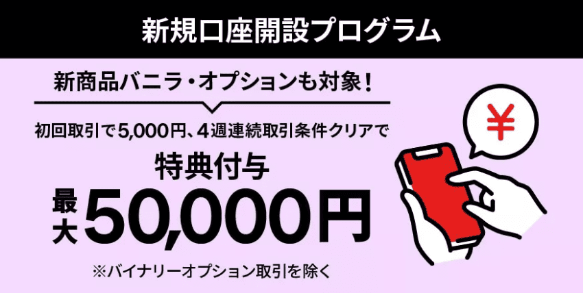 IG証券 新規口座開設プログラム 新商品バニラ・オプションも対象!初回取引で5,000円、4週連続取引条件クリアで特典付与最大50,000円