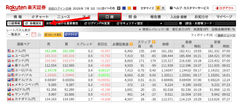 楽天FXのレバレッジをWebブラウザ版で変更する手順で、「口座」タブの「各種設定」をクリックする