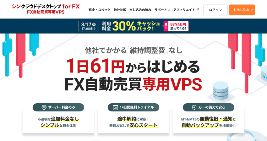 シンクラウドデスクトップ for FX|他社でかかる「維持調整費なし」1日61円からはじめるFX自動売買専用VPS
