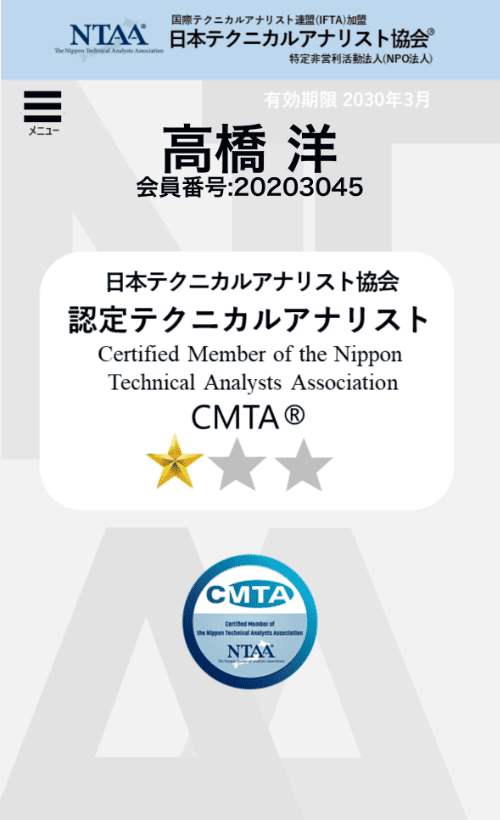 日本テクニカルアナリスト協会 CMTA 資格保有証明書