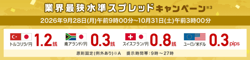 外為どっとコム 業界最狭水準キャンペーン 2026年9月28日(月)午前9時00分〜2026年10月31日(土)午前3時00分