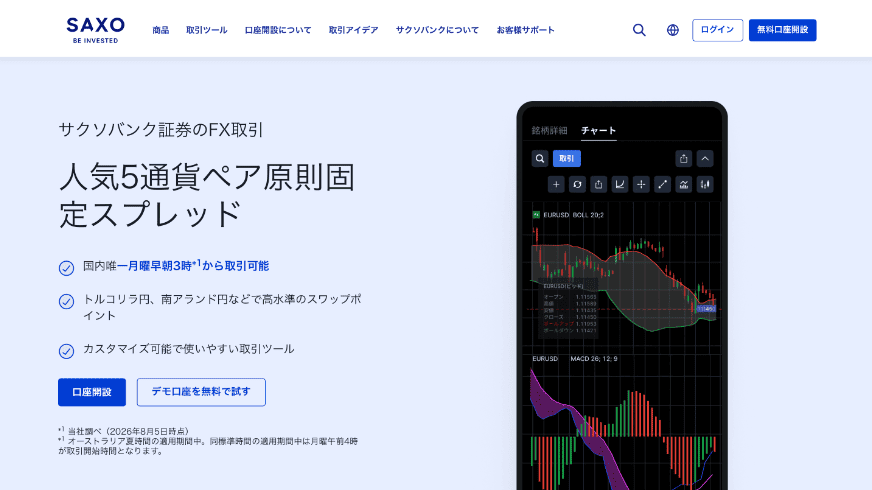 サクソバンク証券のFX取引 人気5通貨ペア原則固定スプレッド